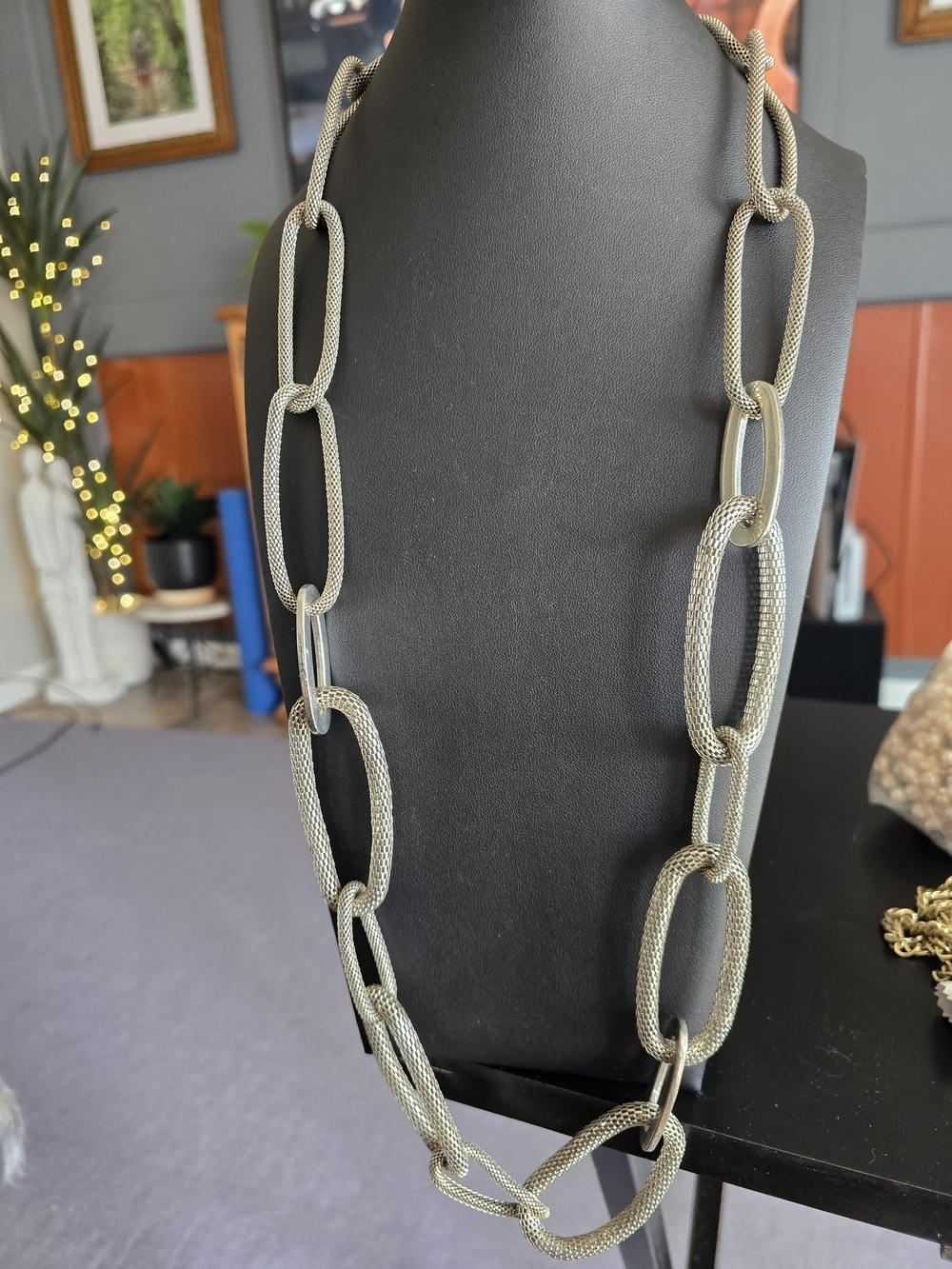 Long Textured Link Necklace - Silver Tone